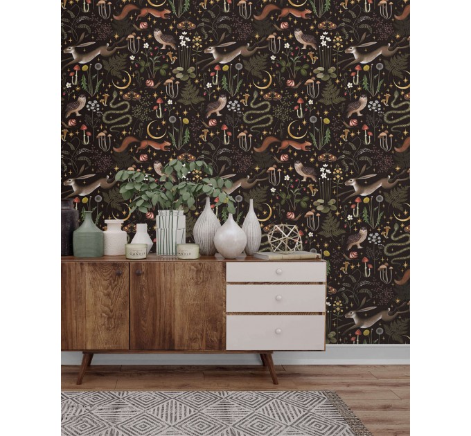 Dark whimsical wallpaper, moody forest fairy animals
