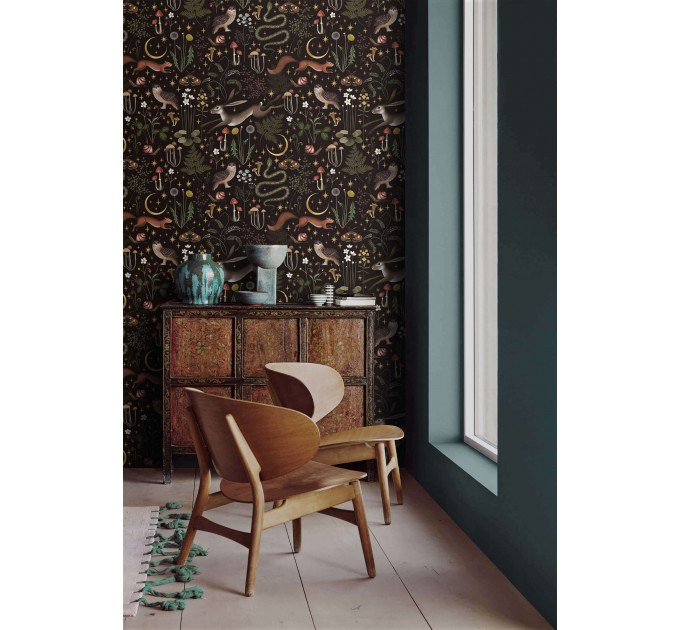 Dark whimsical wallpaper, moody forest fairy animals