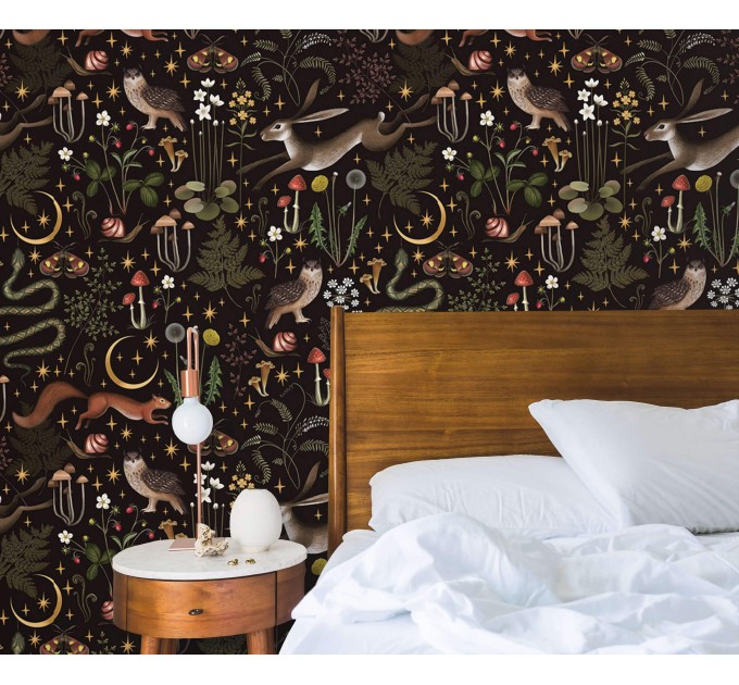Dark whimsical wallpaper, moody forest fairy animals