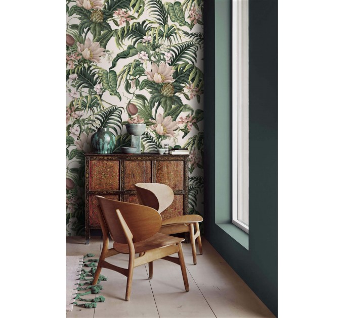 Tropical wallpaper exotic flowers and lush greenery