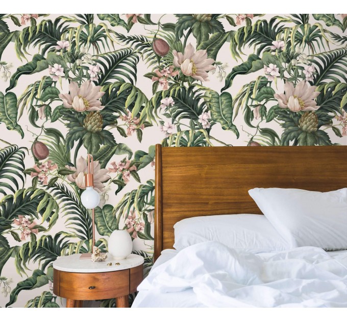 Tropical wallpaper exotic flowers and lush greenery