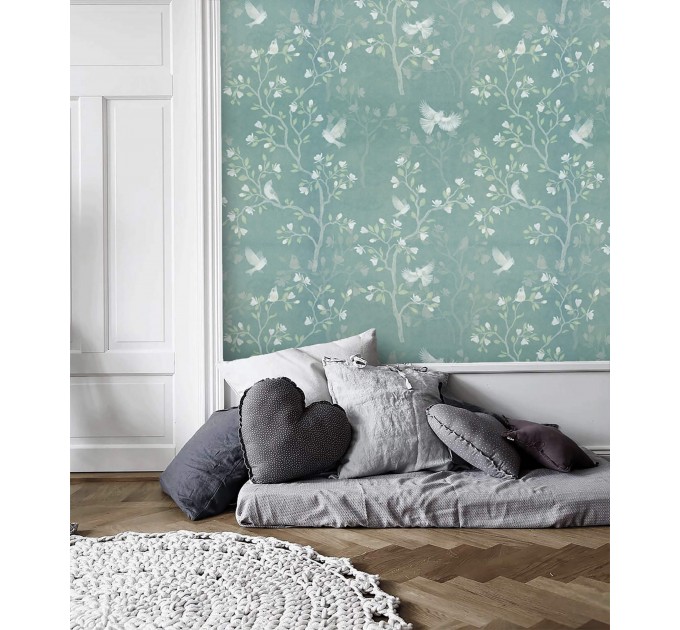 Vintage style blue wallpaper birds and blooming branches
