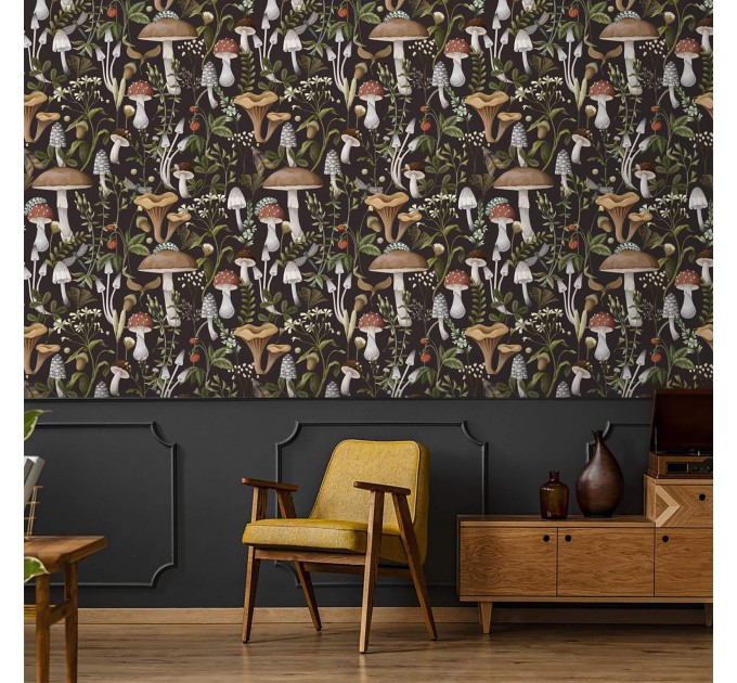 Mushroom wallpaper Dark botanical woodland wall covering