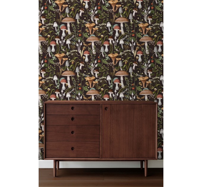 Mushroom wallpaper Dark botanical woodland wall covering