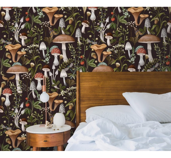 Mushroom wallpaper Dark botanical woodland wall covering