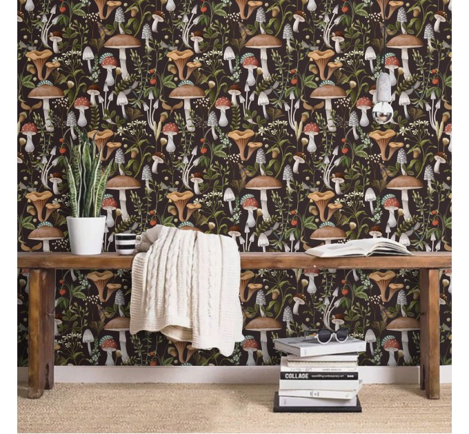 Mushroom wallpaper Dark botanical woodland wall covering