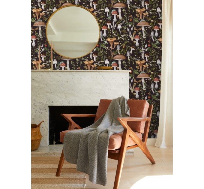 Mushroom wallpaper Dark botanical woodland wall covering