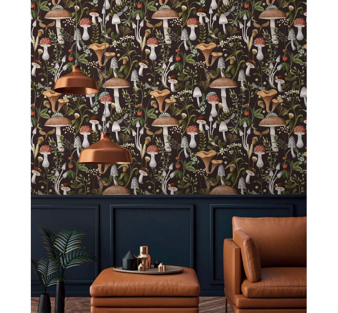 Mushroom wallpaper Dark botanical woodland wall covering