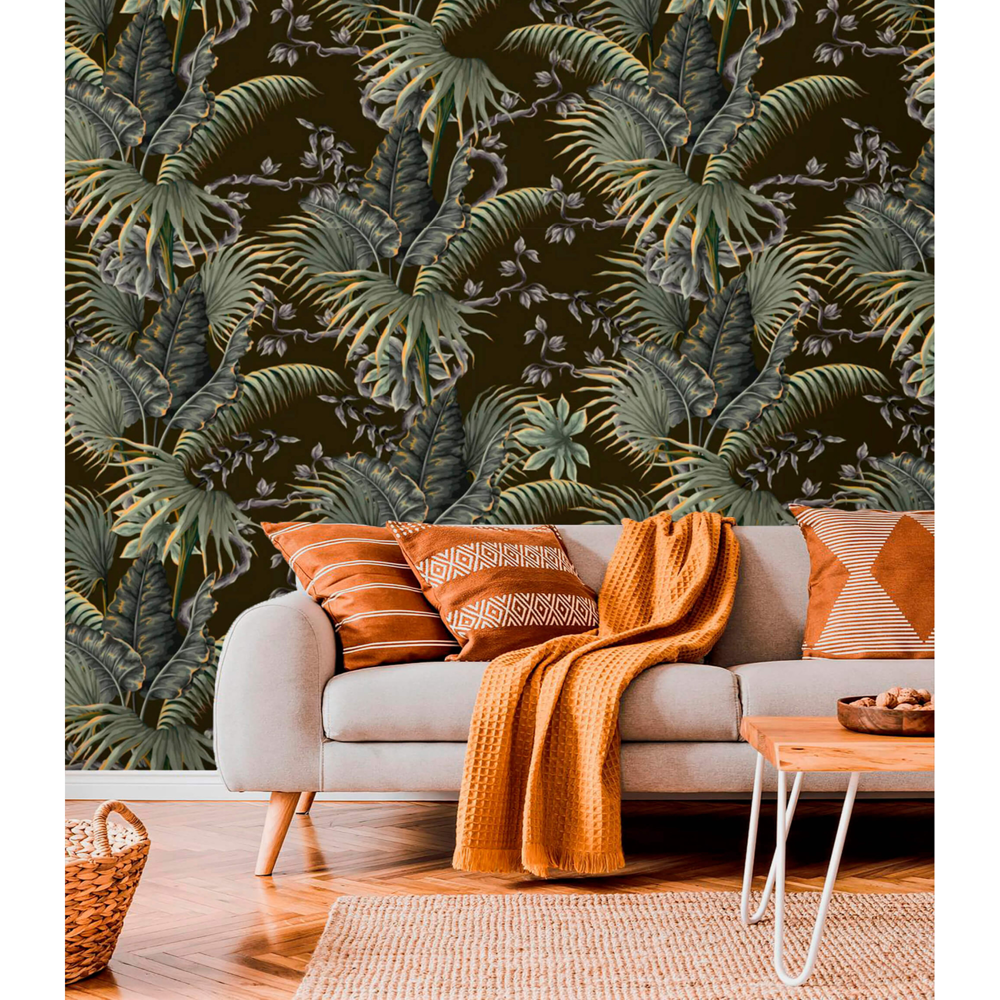 Tropical palm leaves wall decor, dark botanical wallpaper