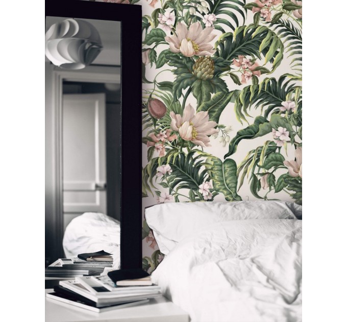 Tropical wallpaper exotic flowers and lush greenery
