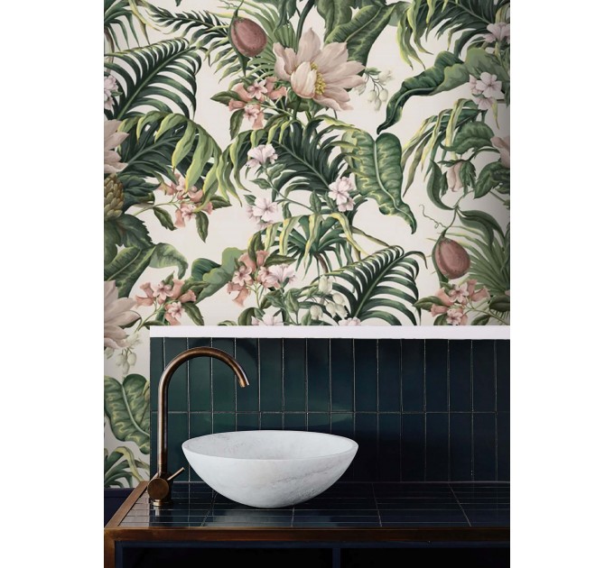 Tropical wallpaper exotic flowers and lush greenery