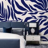 Abstract leaves wallpaper Blue white accent wall covering