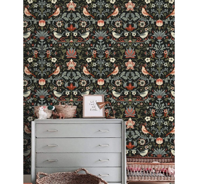 Dark vintage bird and floral wallpaper