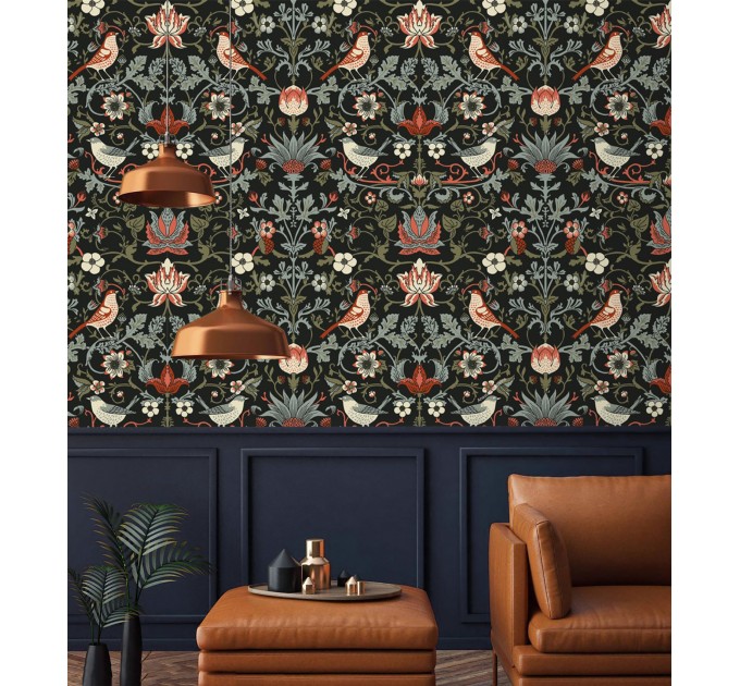 Dark vintage bird and floral wallpaper