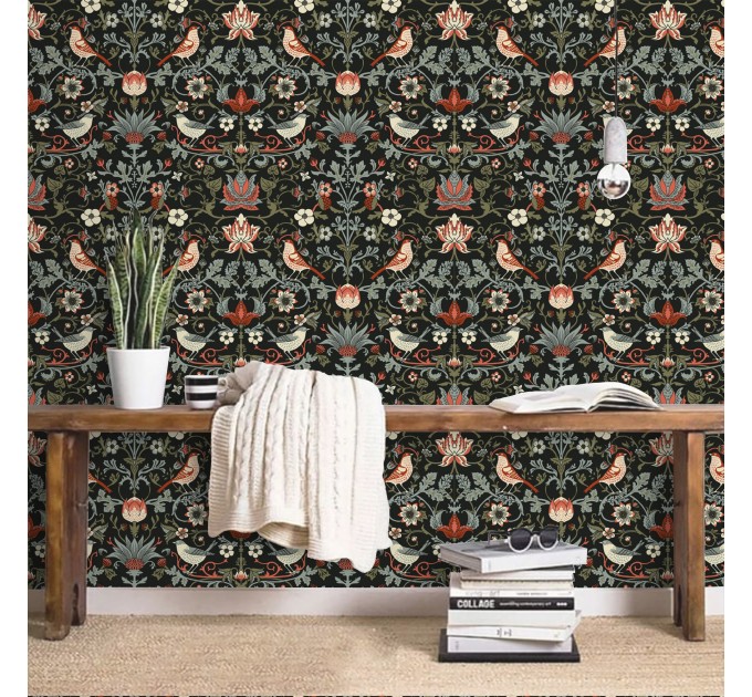 Dark vintage bird and floral wallpaper