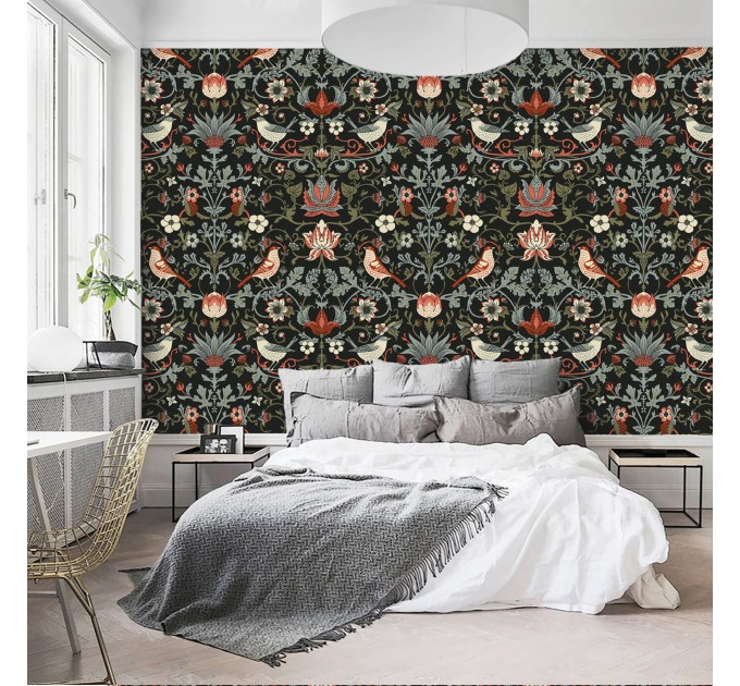 Dark vintage bird and floral wallpaper