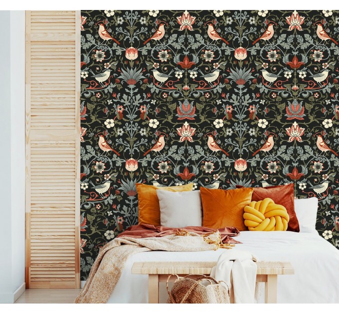 Dark vintage bird and floral wallpaper