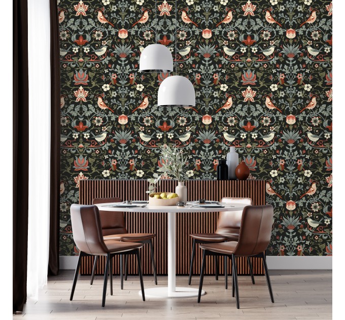Dark vintage bird and floral wallpaper