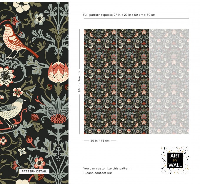 Dark vintage bird and floral wallpaper