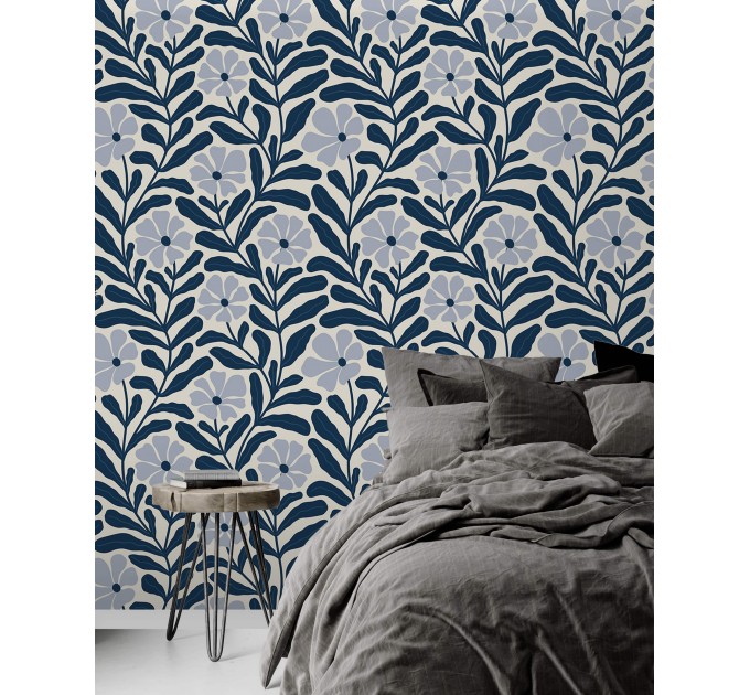 Floral wallpaper blue wildflowers and leaves