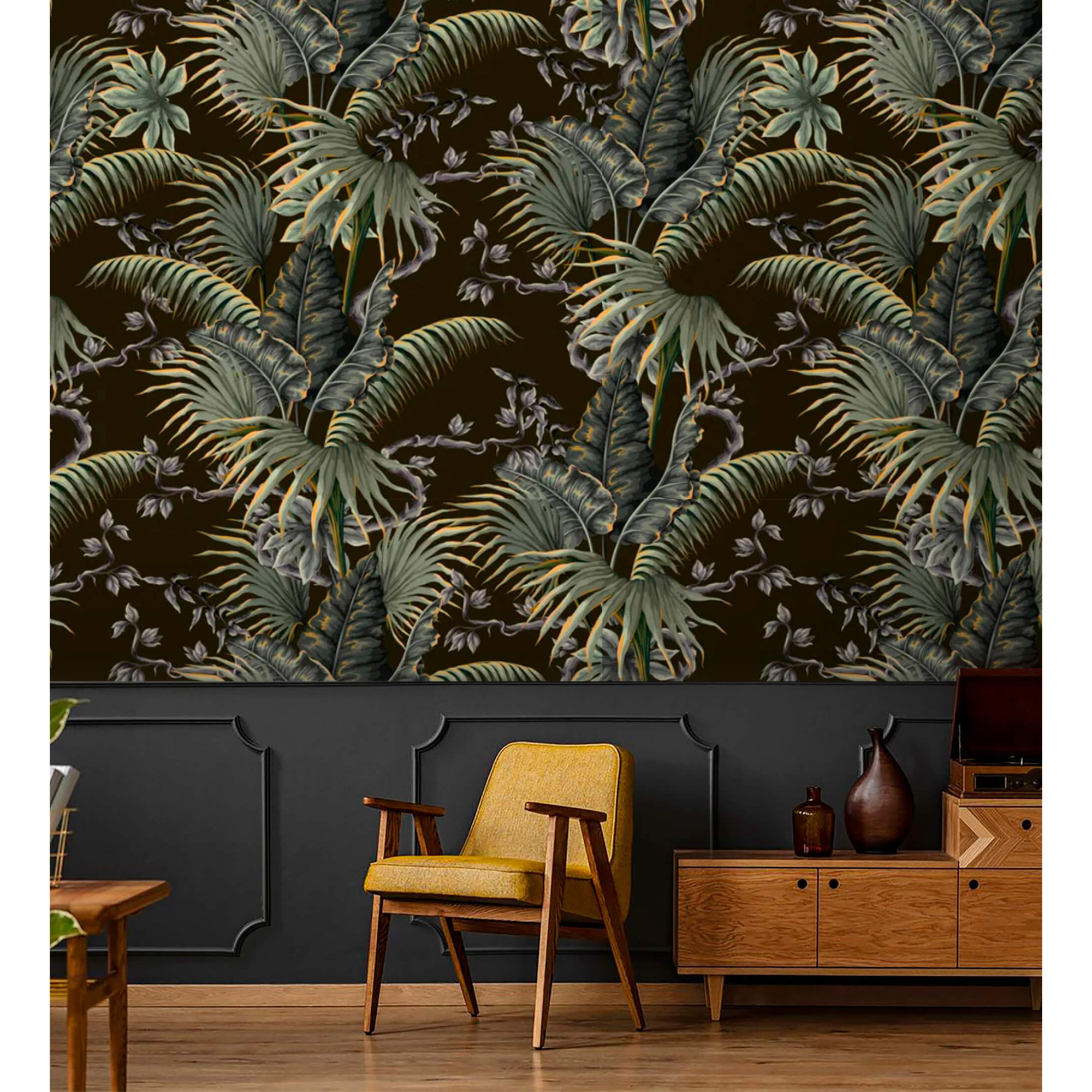 Tropical palm leaves wall decor, dark botanical wallpaper