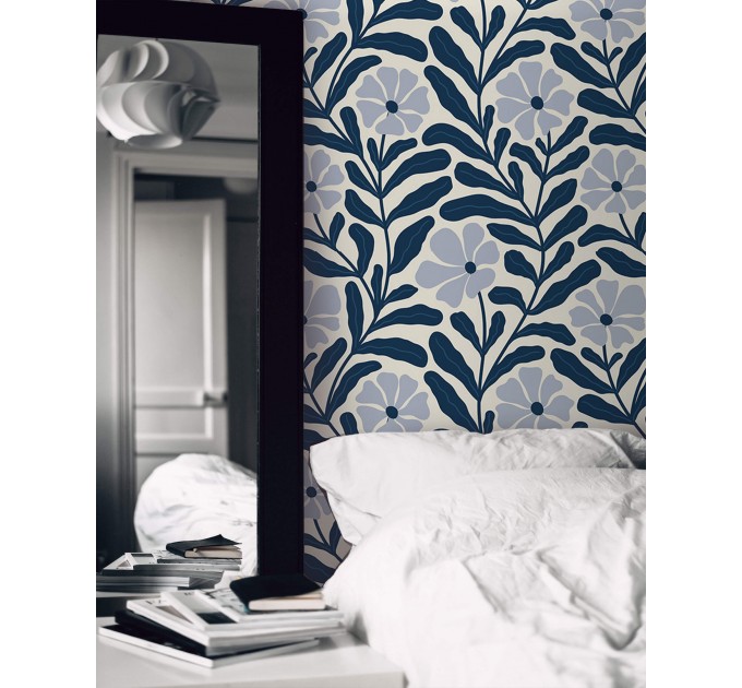 Floral wallpaper blue wildflowers and leaves