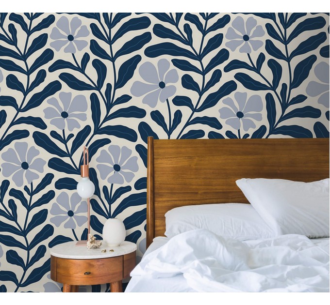 Floral wallpaper blue wildflowers and leaves