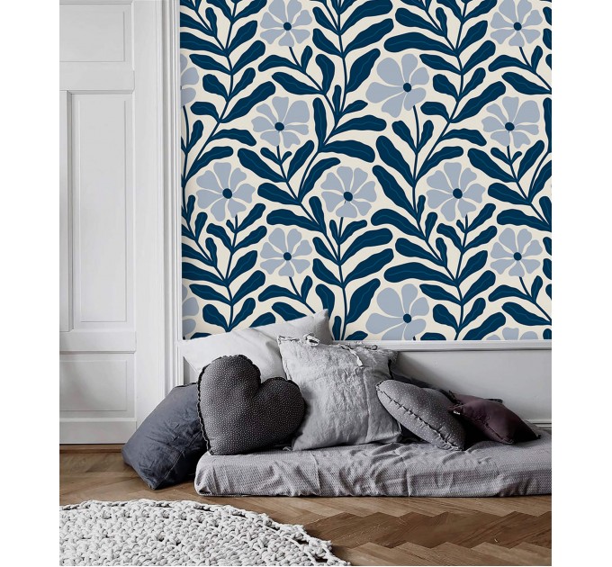 Floral wallpaper blue wildflowers and leaves