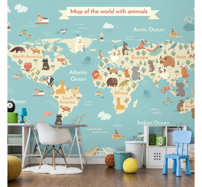 Kids world map Animals wall mural Boys room wall decal