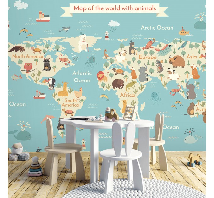 Kids world map Animals wall mural Boys room wall decal