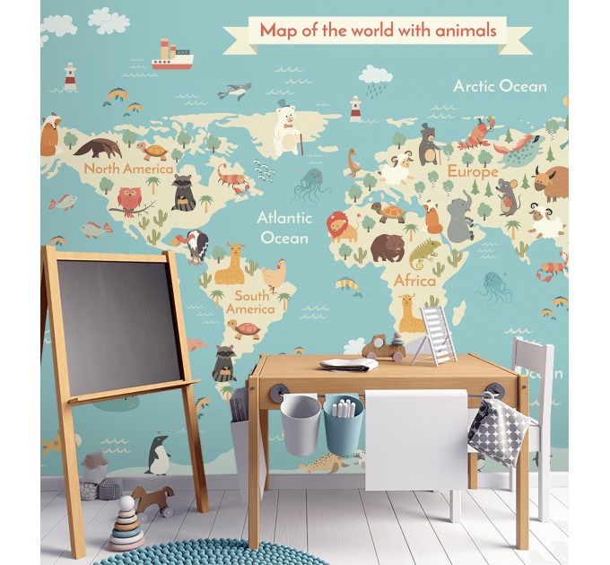 Kids world map Animals wall mural Boys room wall decal