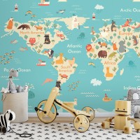 Kids world map Animals wall mural Boys room wall decal
