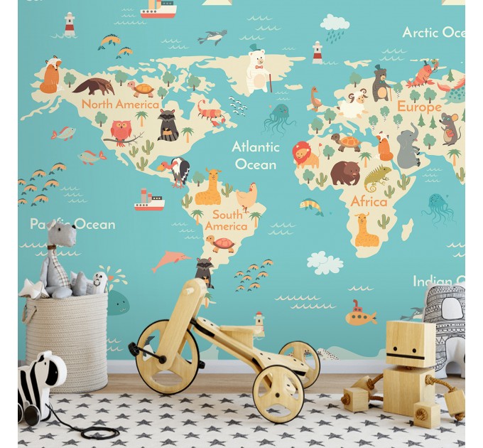Kids world map Animals wall mural Boys room wall decal