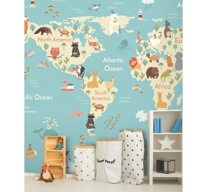 Kids world map Animals wall mural Boys room wall decal