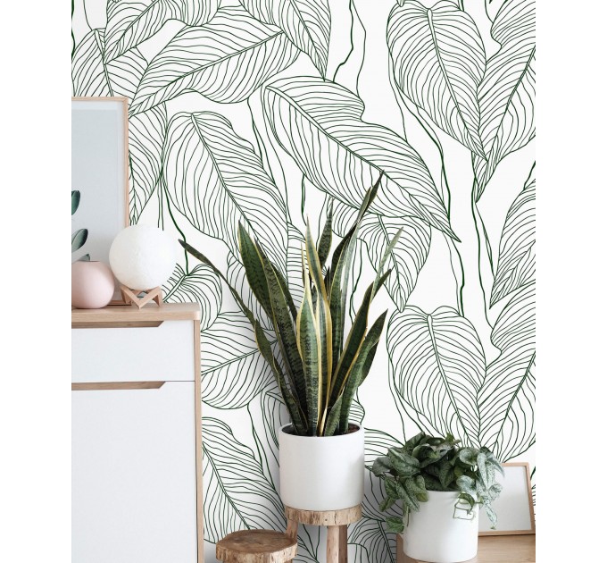 Wallpaper minimalist linear leaves, custom color