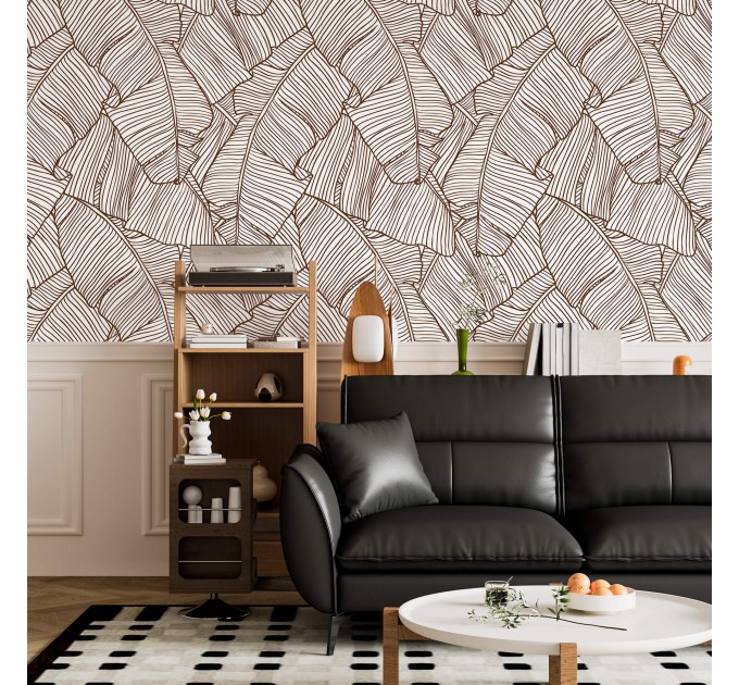 Wallpaper large banana leaves linear neutral foliage