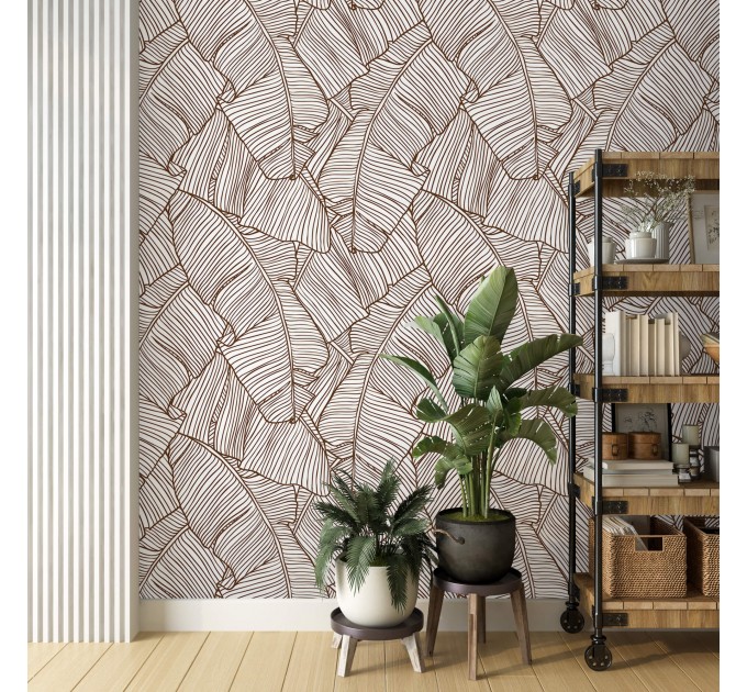 Wallpaper large banana leaves linear neutral foliage