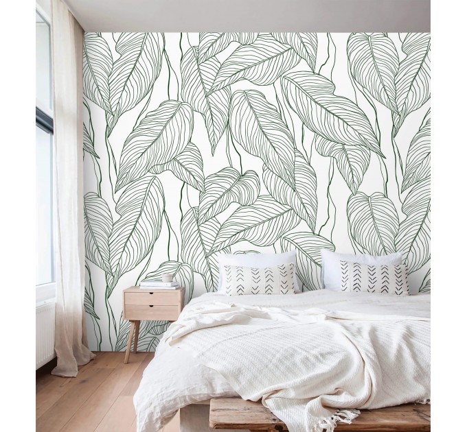 Wallpaper minimalist linear leaves, custom color