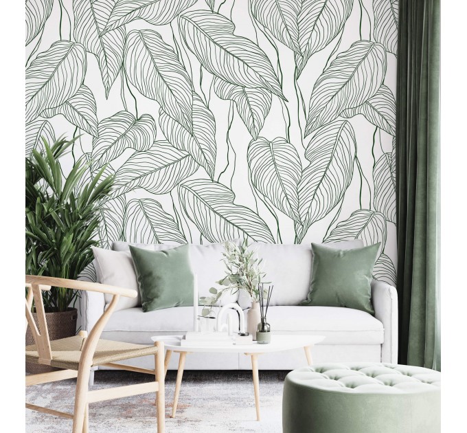 Wallpaper minimalist linear leaves, custom color
