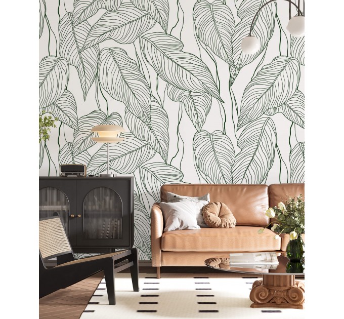 Wallpaper minimalist linear leaves, custom color