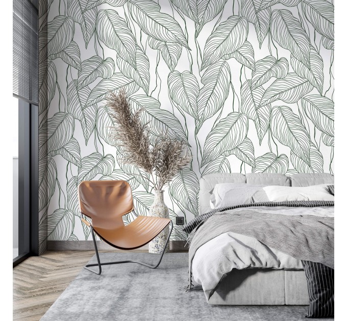Wallpaper minimalist linear leaves, custom color