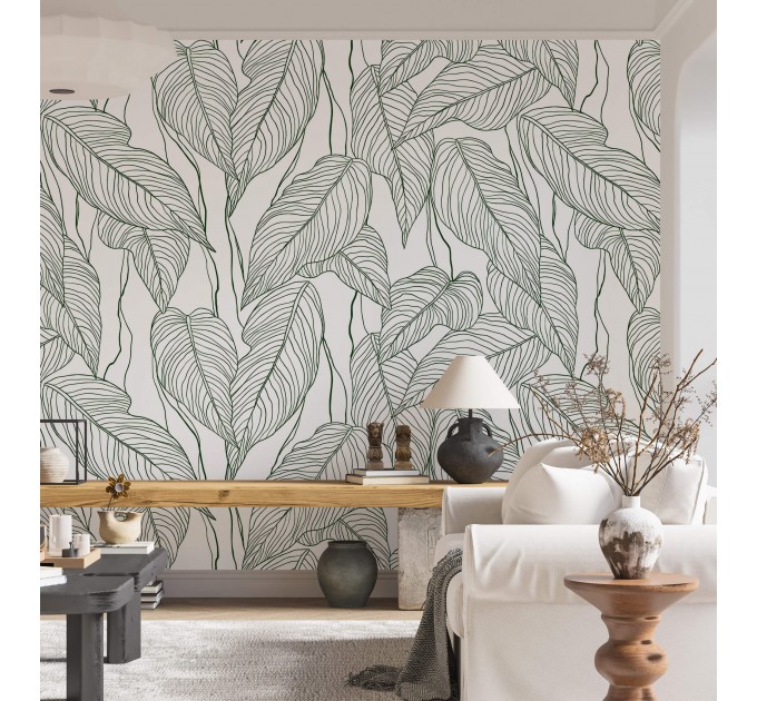 Wallpaper minimalist linear leaves, custom color