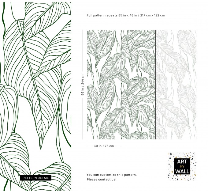 Wallpaper minimalist linear leaves, custom color